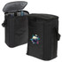 A drink bottle cooler in black with a zippered top, showcasing storage for multiple bottles inside. Features a logo.