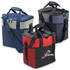 A large cooler bag in navy blue, grey, black, and red with shoulder straps and a front pocket. Features a logo.