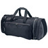 A black duffle bag with multiple zippers, a spacious main compartment, and padded handles. Features a logo.