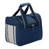 A navy blue cooler bag with cream stripes, featuring a zippered top and dual handles. It has a logo on the front.
