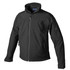 A black softshell jacket with a high collar and zippered pockets, featuring a logo on the left side.