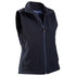 A navy women's softshell vest with a zip front, featuring pockets and a logo on the chest.