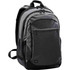 A grey backpack with black detailing, featuring multiple compartments and a logo on the front.