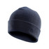 A navy beanie with a ribbed texture and a folded cuff, featuring a logo on one side.