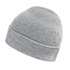 A grey knit beanie with a simple design and a branding logo on the side.