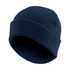 A vintage knit beanie in navy blue with a ribbed texture and a folded cuff. It features a logo.