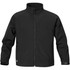A black men's bonded jacket featuring a high collar and zip-up front, with side pockets and a logo.