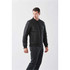 A men's black thermal jacket with a quilted design, featuring a logo and side pockets.
