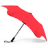 A red umbrella with a sleek design and a logo, featuring a sturdy handle and compact structure.