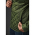 A green quilted jacket featuring a side pocket, with a person holding the zip.