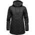 A women's black Bushwick quilted puffer jacket with a hood and diamond stitching design. Features a logo on the jacket.