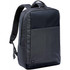 A black laptop backpack with a sleek design, featuring padded straps and a front pocket. It has a logo on the side.