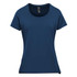 A navy short sleeve women's t-shirt featuring a crew neck and a subtle logo.
