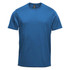 A blue short sleeve t-shirt featuring a logo on the label. Fabric is smooth and casual in style.