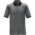 A dark grey polo shirt with a black collar and trim, featuring a logo on the upper chest.