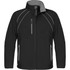 A black men's crew softshell jacket featuring grey accents and zippered pockets, with a logo on the front.