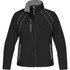 A women's black softshell jacket with grey accents and zippers, featuring a logo on the chest.