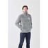 A men's grey Sherpa fleece jacket with a zip and side pockets, featuring a logo on the chest.