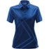 A women's polo shirt in a vibrant blue, featuring a geometric pattern and a logo on the chest.