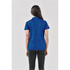 A blue women's polo shirt with a patterned design, displayed from the back. It features a logo on the collar.