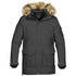 A grey men's expedition parka featuring a fur-lined hood and multiple pockets. The jacket has a logo on it.