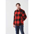 A man wearing a red and black checked unisex fleece jacket with two front pockets and a collar.