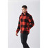 A unisex fleece jacket in red and black check pattern, featuring a collar and button closure. It has a logo on the sleeve.
