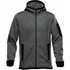 A grey knit hoodie with a zip front, featuring black accents and pockets, and a logo on the sleeve.