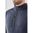 A close-up of a men's full zip fleece vest in navy blue, featuring a zippered pocket and a high collar.