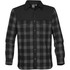 A black and grey plaid button-up shirt with long sleeves and two chest pockets, featuring a logo.