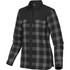 A women's button-up thermal shirt in black and grey plaid with a solid black upper section and two chest pockets.