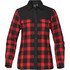 A women's button-up thermal shirt featuring a black and red checkered pattern with long sleeves and front pockets.