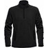 A black men's fleece jumper featuring a 1/4 zip design and side pockets, with a logo on it.