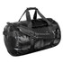 A large black duffle bag with sturdy handles and adjustable straps, featuring a logo.