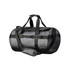 A waterproof duffle bag in dark grey, featuring sturdy handles, a detachable strap, and a logo.