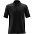 A black men's polo shirt featuring a collar and short sleeves, with a logo on the chest.