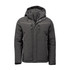 A men's thermal jacket in dark grey with a hood, featuring multiple zippered pockets and a logo.