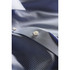 A blue and white striped button-up shirt featuring a classic collar and buttons. It has a logo on it.