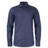 A dark blue button-up shirt with long sleeves and a collar, featuring a logo on the front.