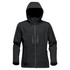A black softshell jacket with a hood, featuring zippered pockets and a sleek design. It includes a logo on the front.