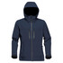A navy softshell jacket with a hood, featuring multiple zippered pockets and a logo.