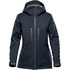 A dark grey women's jacket with a hood, featuring zippered pockets and a sleek design. It includes a logo on one sleeve.