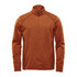 An orange men's 1/4 zip pullover jumper with a stand collar and raglan sleeves. It features a logo.