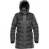A stylish women's parka in black and grey, featuring a hood and puffy design, with a logo on the front.