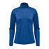 A blue women's pullover with a 1/4 zip and long sleeves. It features a collar and has a logo.