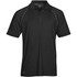 A black men's polo shirt featuring a subtle logo and contrasting trim along the shoulders.
