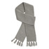 A soft, light grey knit scarf with a textured pattern and fringed ends. It features a logo.
