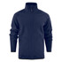 A navy blue softshell fleece hybrid jacket featuring a high collar and zippered pockets, with a brand logo.