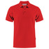 A red cotton polo shirt with a classic collar and three buttons, featuring a logo on the side.