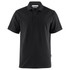 A black cotton polo shirt with short sleeves and a collar, featuring buttons and a logo.